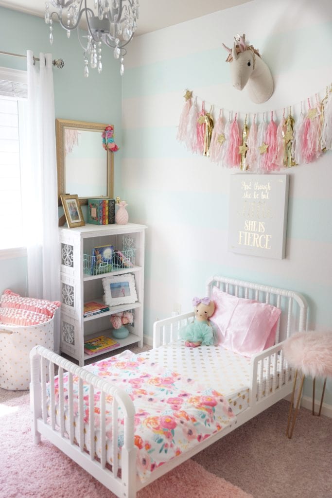 Toddler Girl Room Decor, mint pink nursery, unicorn, gold accents 