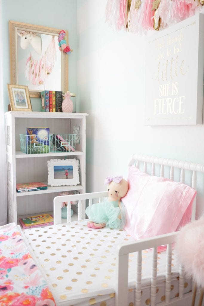 Toddler Girl Room Decor, mint pink nursery, unicorn, gold accents 