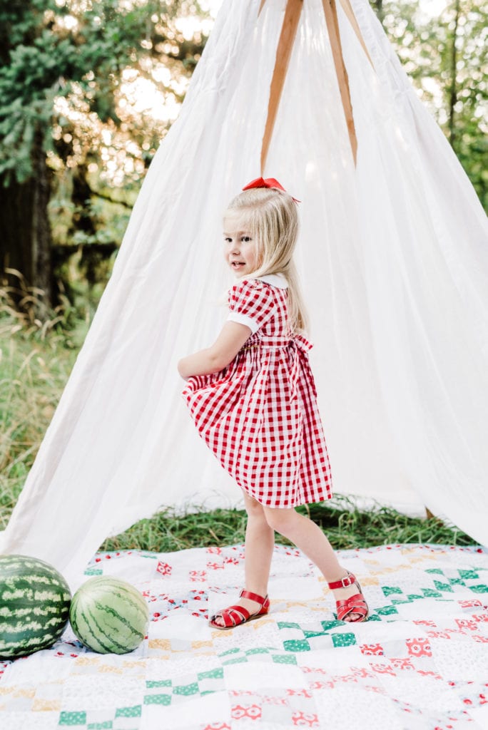 golden hour photo shoot, fall fashion, gingham dress, smocking, toddler style 
