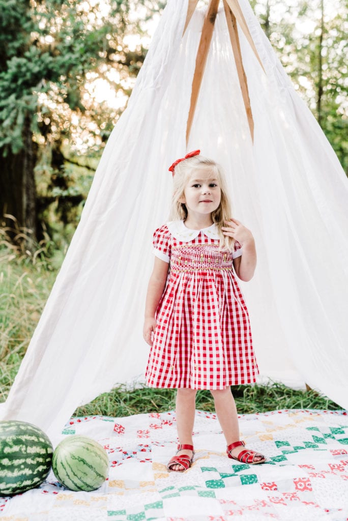 golden hour photo shoot, toddler style, gingham dress, smocking, summer to fall style 