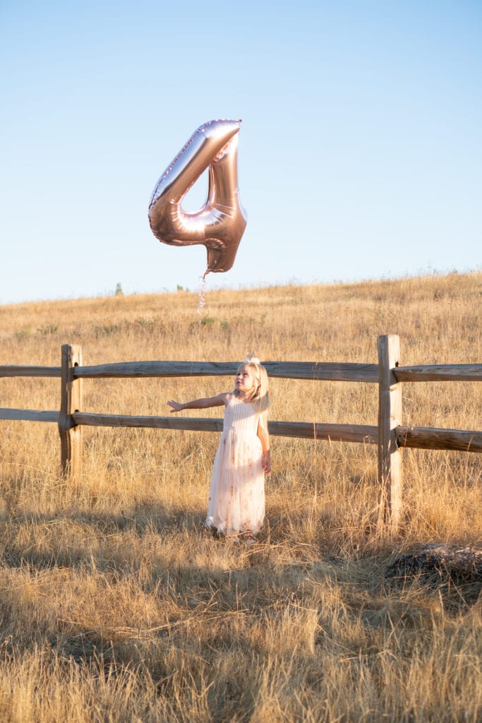 McKinlee is four, Goldenhour sunset photos, birthday photos, outdoor sunset photography, four balloon, sequins gown