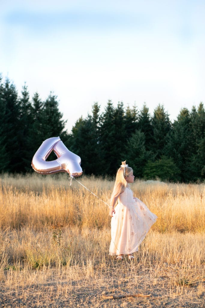 McKinlee is four, Goldenhour sunset photos, birthday photos, outdoor sunset photography, four balloon, sequins gown