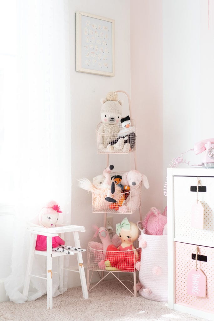 Pink and White Striped Girls Playroom with Gold Accents 