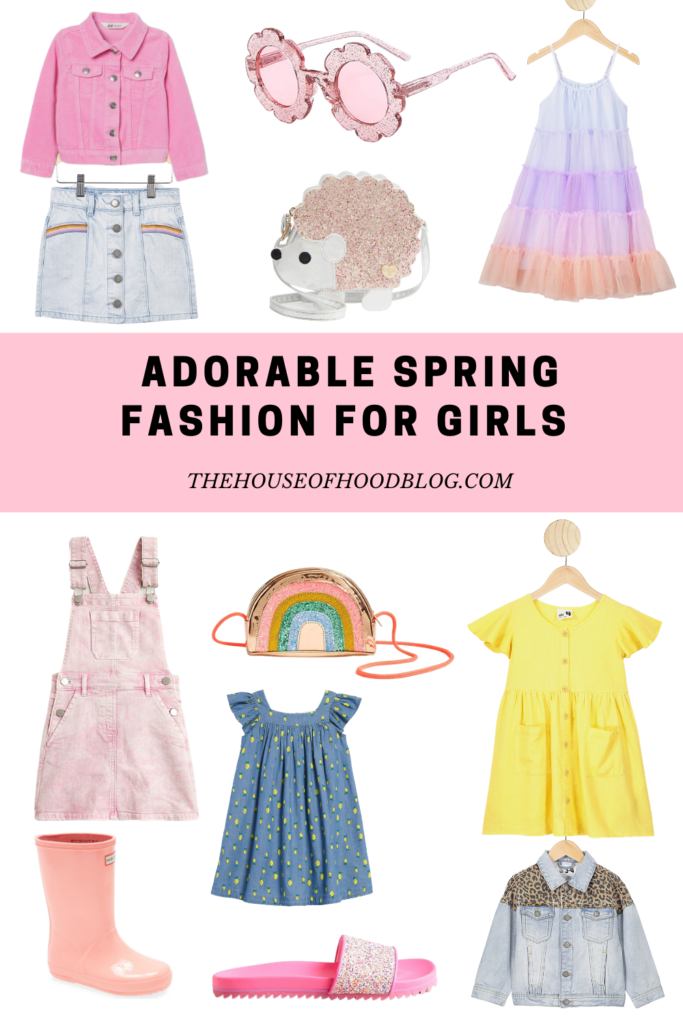 round up of pink, blue, and yellow spring outfits for girls
