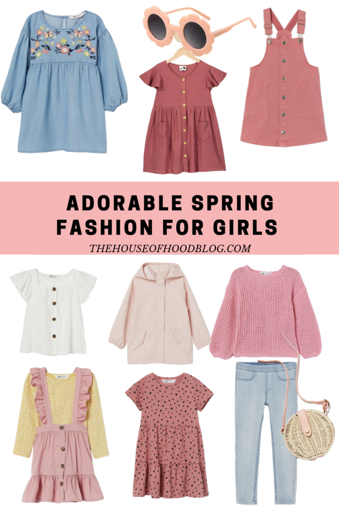 round up of dusty rose, pink and blue spring outfits for girls