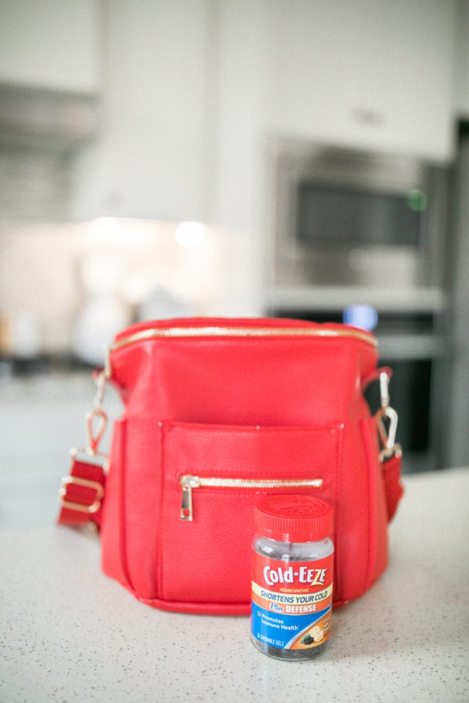 red bag on counter 