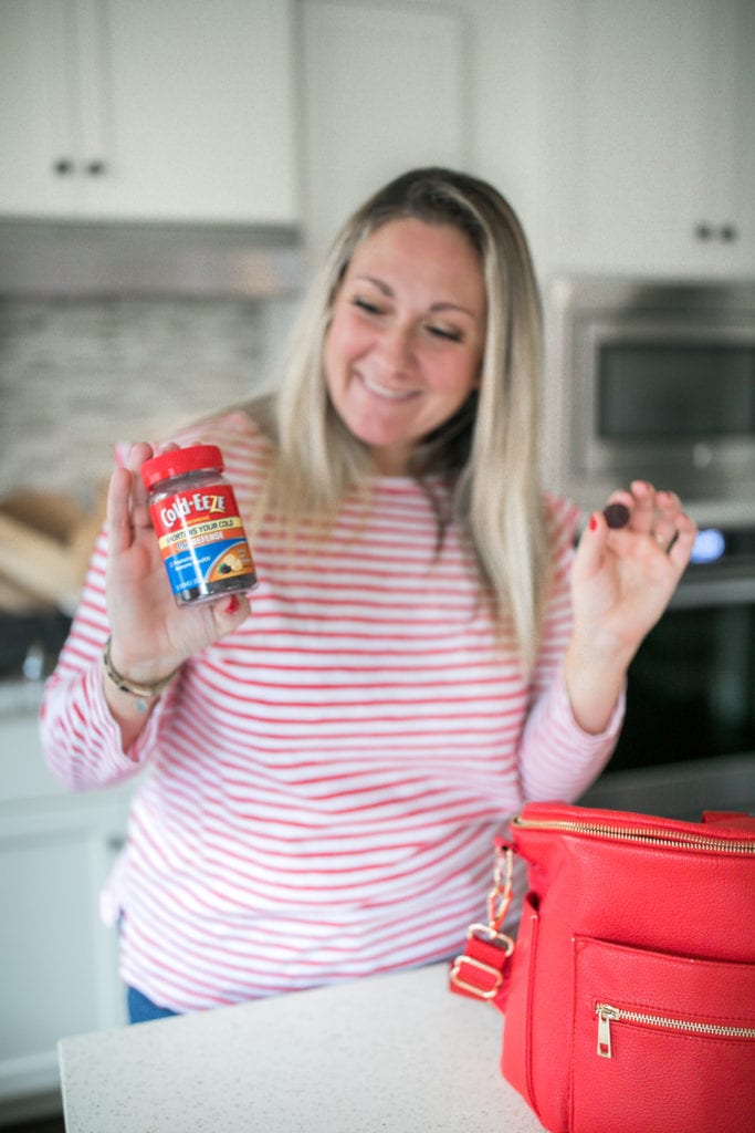red bag on counter 