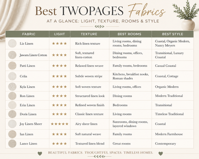Trying to choose the best TWOPAGES fabric? Compare every linen, cotton, sheer, velvet, blackout, and Roman shade fabric in this complete guide. Plus, save 22% off sitewide with code CHELSEE